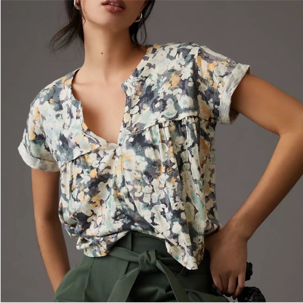 Anthropologie Short Sleeve Floral Watercolor Tee in Sage, Yellow, Cream